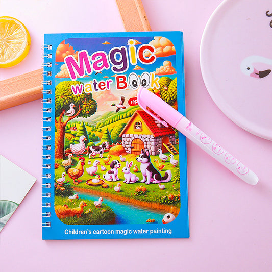 2 PCS Magic Water Colouring Book Reusable Mess Free Painting Set Animal Farm and Fairy Princess Themes with Refillable Water Pens for Kids Travel Activity