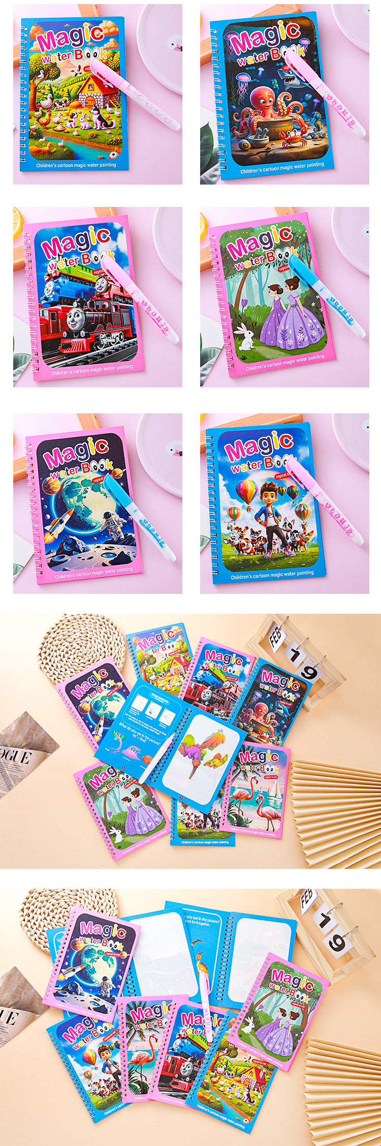 2 PCS Magic Water Colouring Book Reusable Mess Free Painting Set Animal Farm and Fairy Princess Themes with Refillable Water Pens for Kids Travel Activity