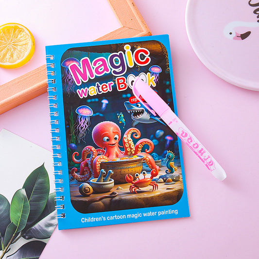 2 PCS Magic Water Colouring Book Reusable Mess Free Painting Set Underwater Ocean and Train Themes with Refillable Water Pens for Kids Travel Activity