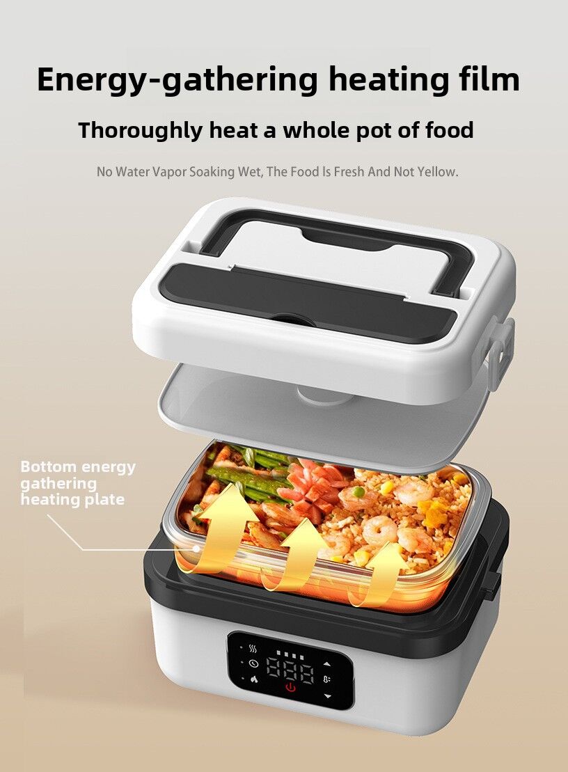 1L White Cordless Waterless Heated Lunch Box - Portable 304 Stainless Steel Bento Box for Picnic Students Office Workers, Timed Insulation & USB Rechargeable