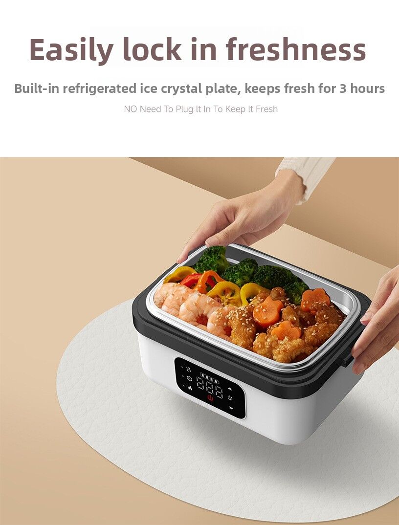1L Black Cordless Waterless Heated Lunch Box - Portable 304 Stainless Steel Bento Box for Picnic Students Office Workers, Timed Insulation & USB Rechargeable