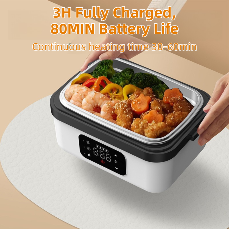 1L Black-Blue Cordless Waterless Heated Lunch Box - Portable 304 Stainless Steel Bento Box for Picnic Students Office Workers, Timed Insulation & USB Rechargeable