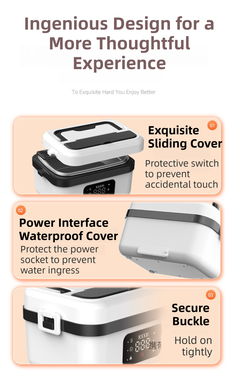 1L Black-Blue Cordless Waterless Heated Lunch Box - Portable 304 Stainless Steel Bento Box for Picnic Students Office Workers, Timed Insulation & USB Rechargeable