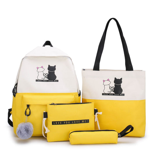 4-Piece Yellow Student Backpack Set with Cat Print - Durable Canvas School Bag Combo - Includes Backpack, Tote Bag, Crossbody Bag & Pencil Case