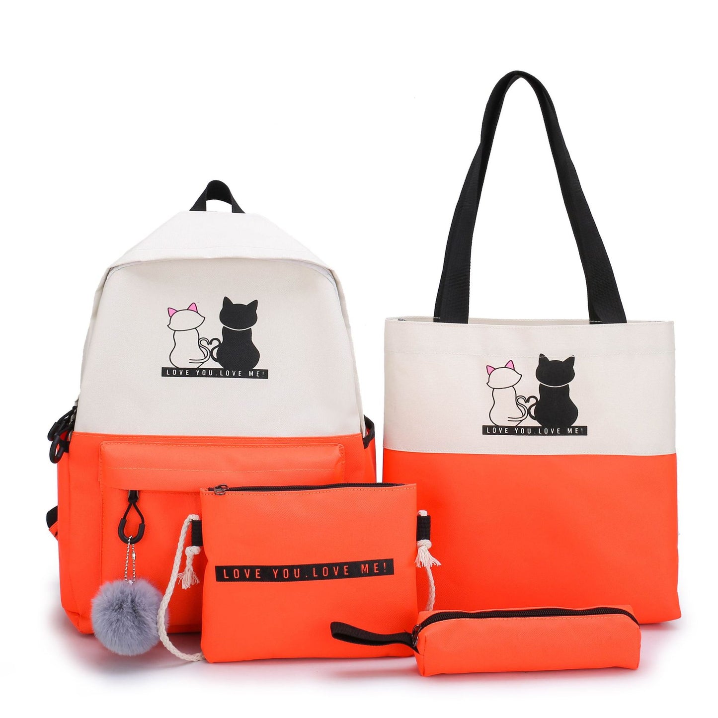 4-Piece Orange Student Backpack Set with Cat Print - Durable Canvas School Bag Combo - Includes Backpack, Tote Bag, Crossbody Bag & Pencil Case