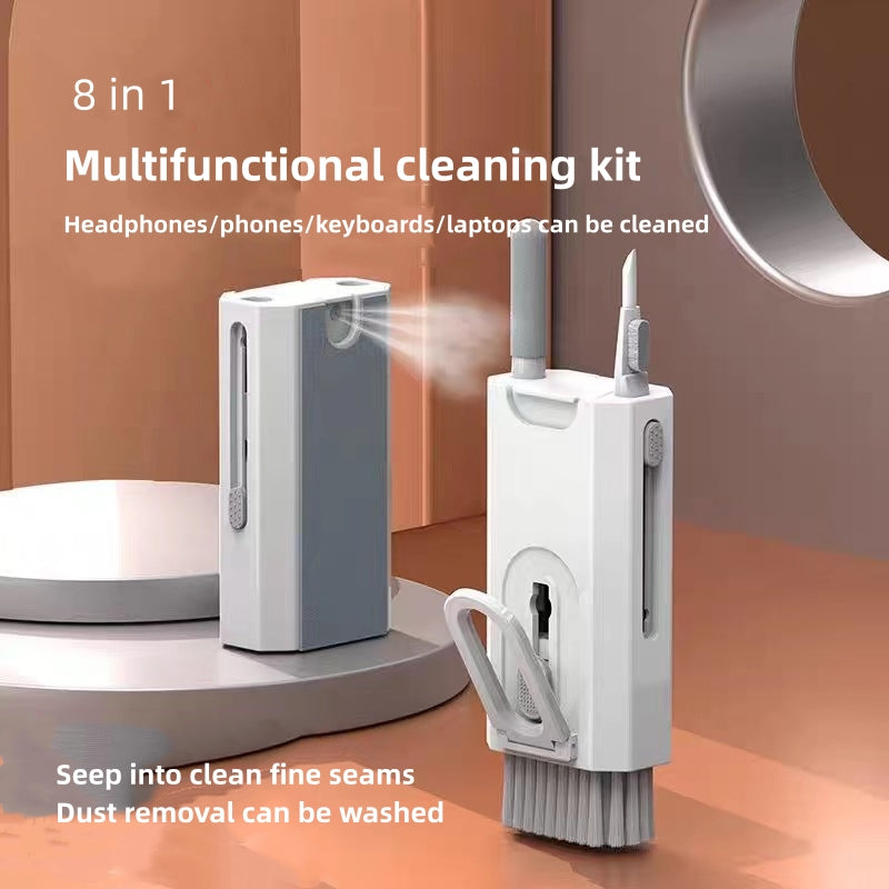 White Q8 8-in-1 Multi-Function Cleaning Kit – Compact Keyboard, Phone, and Earphone Cleaner with Built-In Tools (No Cleaning Liquid Included)