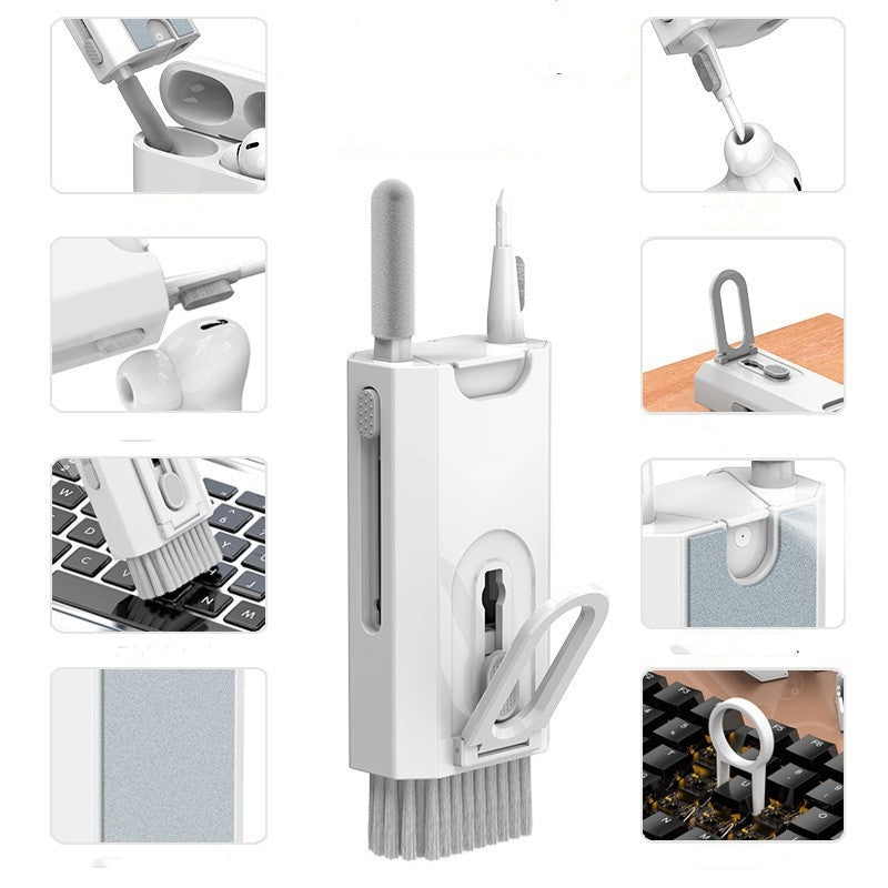 White Q8 8-in-1 Multi-Function Cleaning Kit – Compact Keyboard, Phone, and Earphone Cleaner with Built-In Tools (No Cleaning Liquid Included)