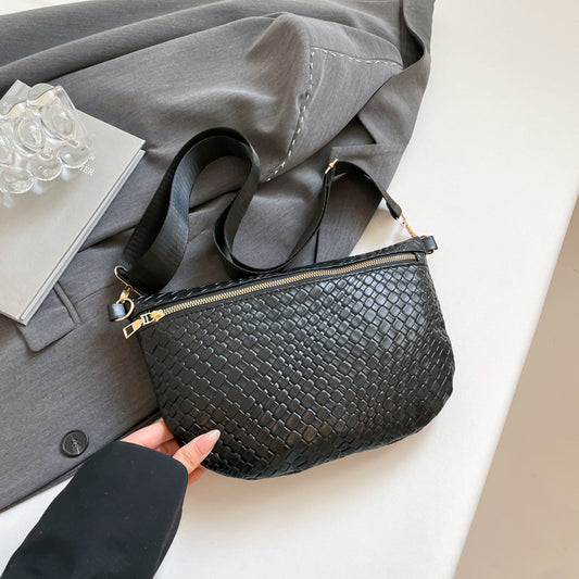 Women's Woven Crossbody Dumpling Bag Soft Vegan Leather Chest Waist Pack with Wide Adjustable Strap for Travel & Festivals (Black)