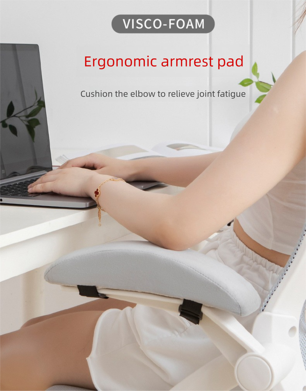 A pair of Ergonomic Chair Armrest Pads High Density Foam Elbow Support Cushion Grey Curved Design for Office & Gaming Chairs Relief Pressure Non-Slip Cover