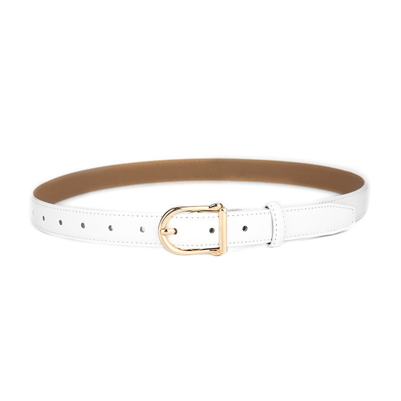 Women's Genuine Leather Thin Belt 2.3cm Width Minimalist Gold D-Shaped Buckle Casual Waist Strap for Jeans Dresses White 105cm