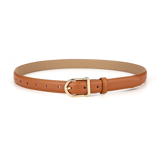 Women's Genuine Leather Thin Belt 2.3cm Width Minimalist Gold D-Shaped Buckle Casual Waist Strap for Jeans Dresses Camel 105cm