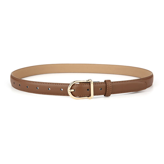 Women's Genuine Leather Thin Belt 2.3cm Width Minimalist Gold D-Shaped Buckle Casual Waist Strap for Jeans Dresses Caramel Color 105cm