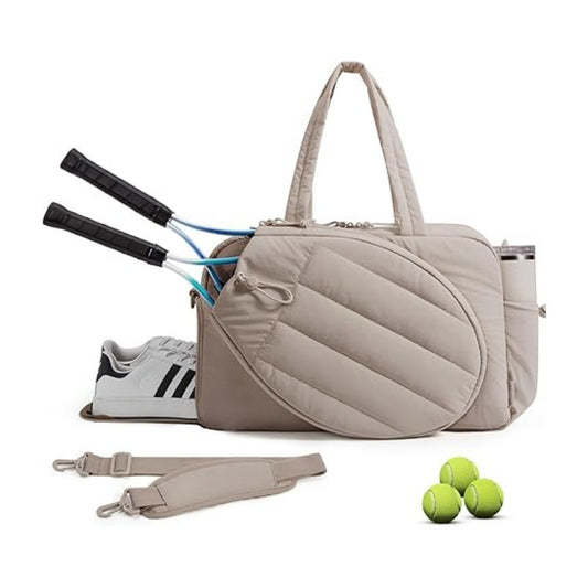 42L Khaki Tennis & Pickleball Expandable Tote Bag wIth Shoe-Zone & Bottle Side Pocket - Waterproof Gym Bag for Racquets & Paddles