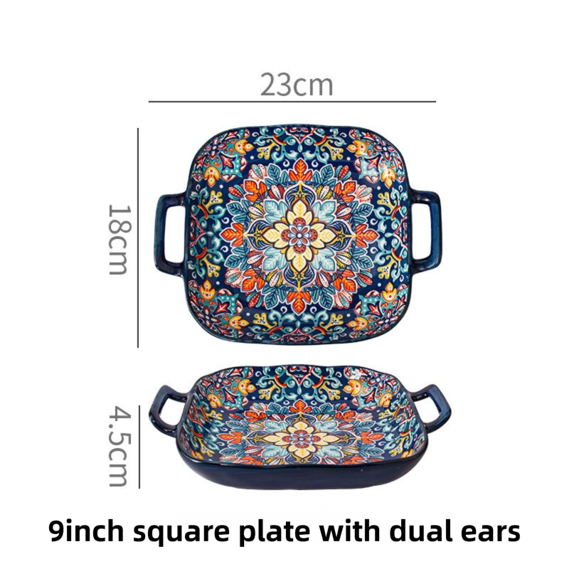 9-Inch Underglaze Ceramic Square Serving Plate with Dual Handles (Baroque) - Microwave and Oven Safe Pasta & Fruit Tray
