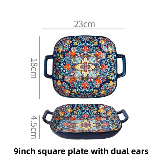 9-Inch Underglaze Ceramic Square Serving Plate with Dual Handles (Baroque) - Microwave and Oven Safe Pasta & Fruit Tray