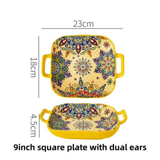 9-Inch Underglaze Ceramic Square Serving Plate with Dual Handles (Mirror Sunlight Style) - Microwave and Oven Safe Pasta & Fruit Tray
