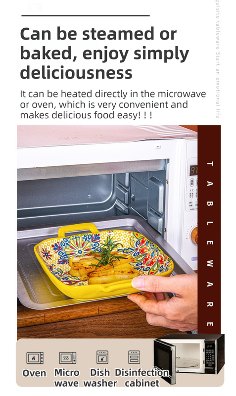 9-Inch Underglaze Ceramic Square Serving Plate with Dual Handles (Isdir Style) - Microwave and Oven Safe Pasta & Fruit Tray