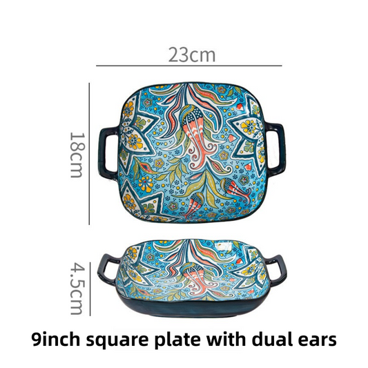 9-Inch Underglaze Ceramic Square Serving Plate with Dual Handles (Glandot Style) - Microwave and Oven Safe Pasta & Fruit Tray
