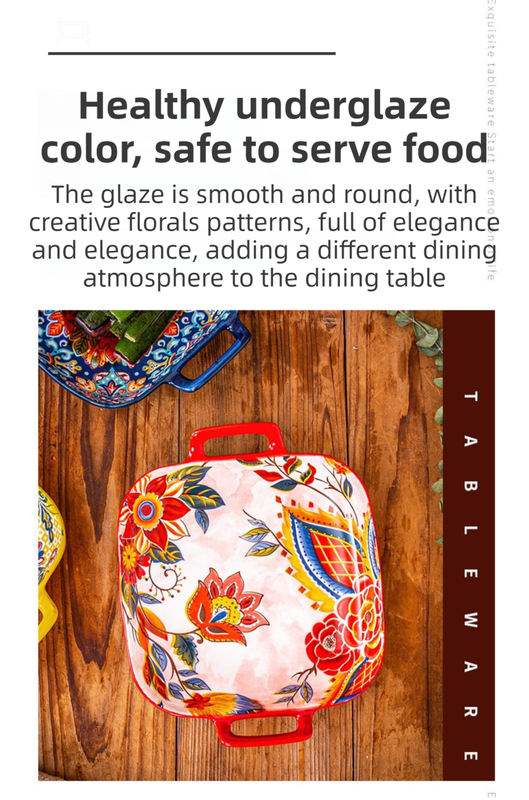 9-Inch Underglaze Ceramic Square Serving Plate with Dual Handles (Glandot Style) - Microwave and Oven Safe Pasta & Fruit Tray