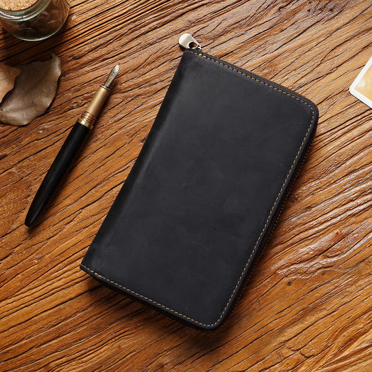 Black Genuine Crazy Horse Leather Fountain Pen Case Zippered Organiser Pouch with 5 Elastic Loops & Mesh Pocket Vintage Stationery Holder