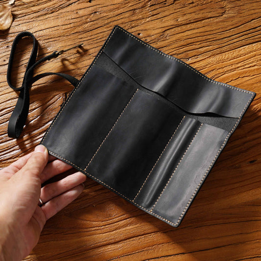 Black Genuine Crazy Horse Leather Pencil Roll Case Vintage Pen Wrap Stationery Organiser Pouch with Strap & Charm 4 Slots for Artists
