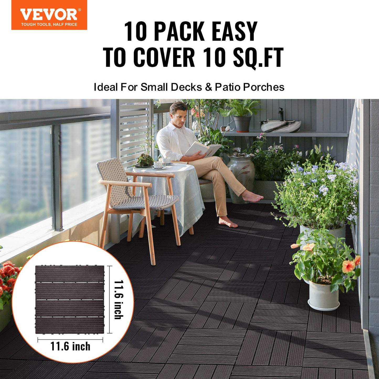 VEVOR Interlocking Deck Tiles, 10 Pack,12"x12" 10 sq. ft Plastic Waterproof Outdoor Flooring All Weather Use, Patio Floor Decking Covering Tiles for Porch Poolside Balcony Backyard, Dark Brown