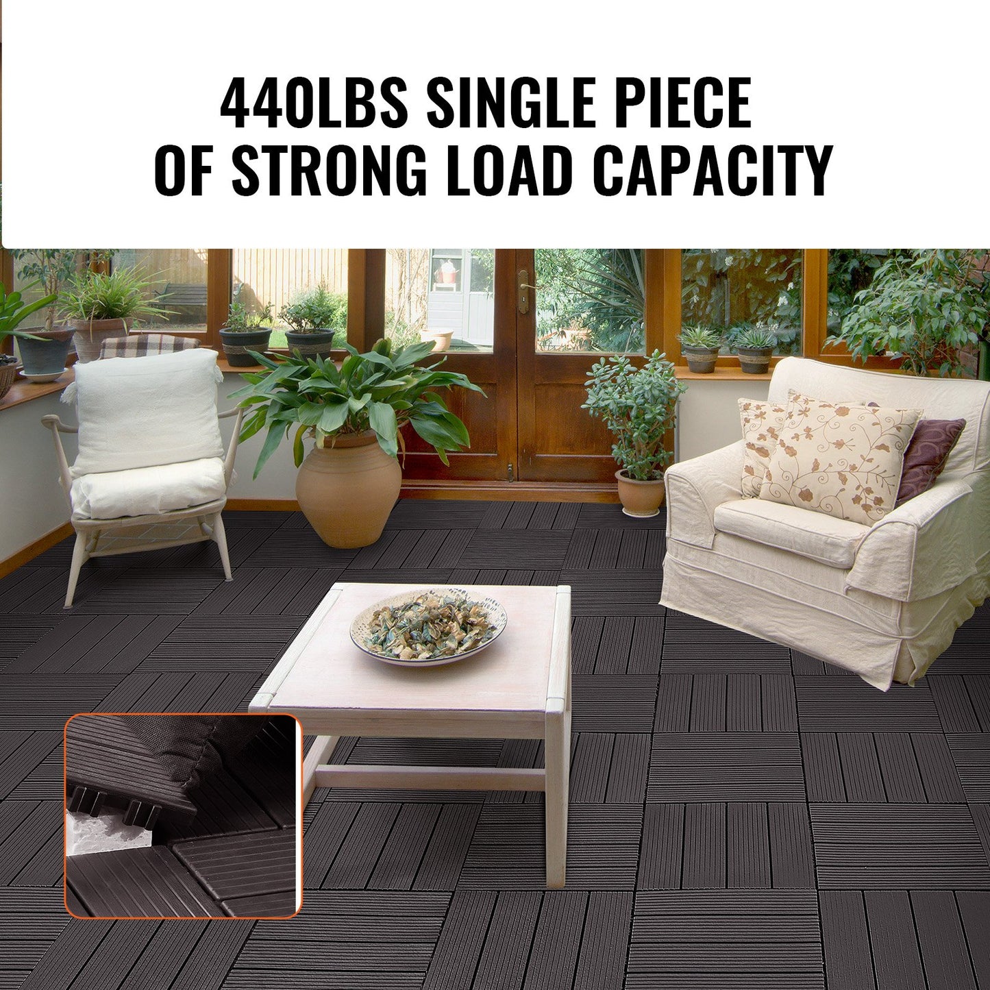 VEVOR Interlocking Deck Tiles, 10 Pack,12"x12" 10 sq. ft Plastic Waterproof Outdoor Flooring All Weather Use, Patio Floor Decking Covering Tiles for Porch Poolside Balcony Backyard, Dark Brown