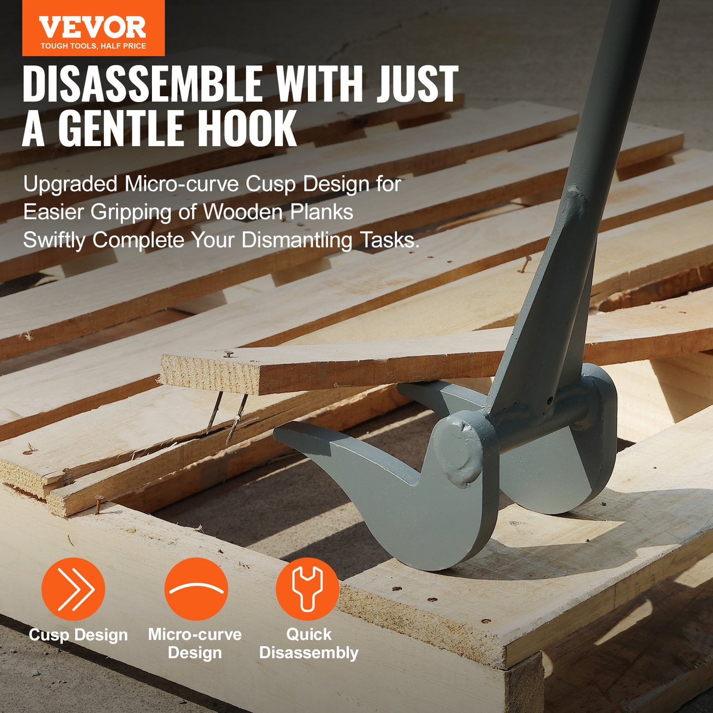 VEVOR Pallet Buster, 50'' Carbon Steel Handle Wrecking Pry Bar, 2000 lbs Weight Capacity, Heavy Duty Deck Board Removal Tool, Multipurpose Demolition Bar for Flooring, Framing, Roofing, Trim, Drywall