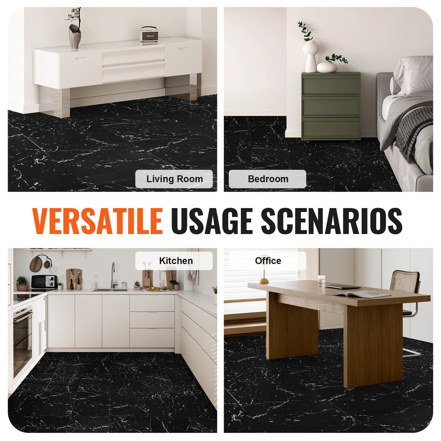 VEVOR Self Adhesive Vinyl Floor Tiles 12 x 12 inch, 50 Tiles 1.5mm Thick Peel & Stick, Black Marble Texture DIY Flooring for Kitchen, Dining Room, Bedrooms & Bathrooms, Easy for Home Decor